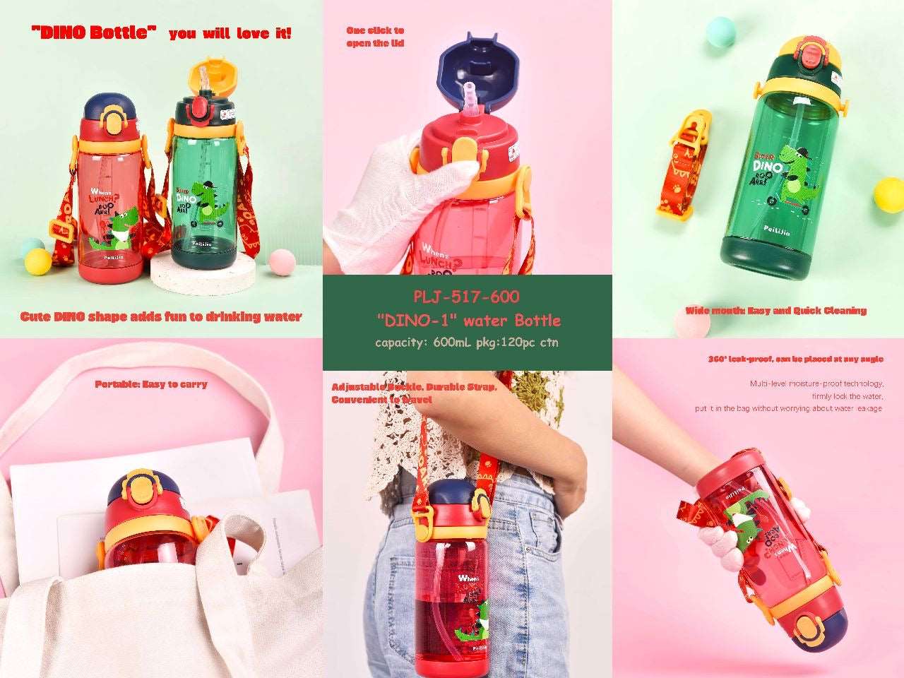 NIYO TOYS Owala water bottle in red and green for kids with dinosaur design, 600ml capacity