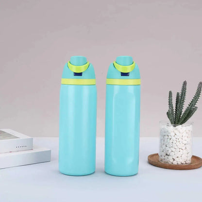 Light blue Owala water bottle with yellow lid, perfect for all ages and hydration on the go