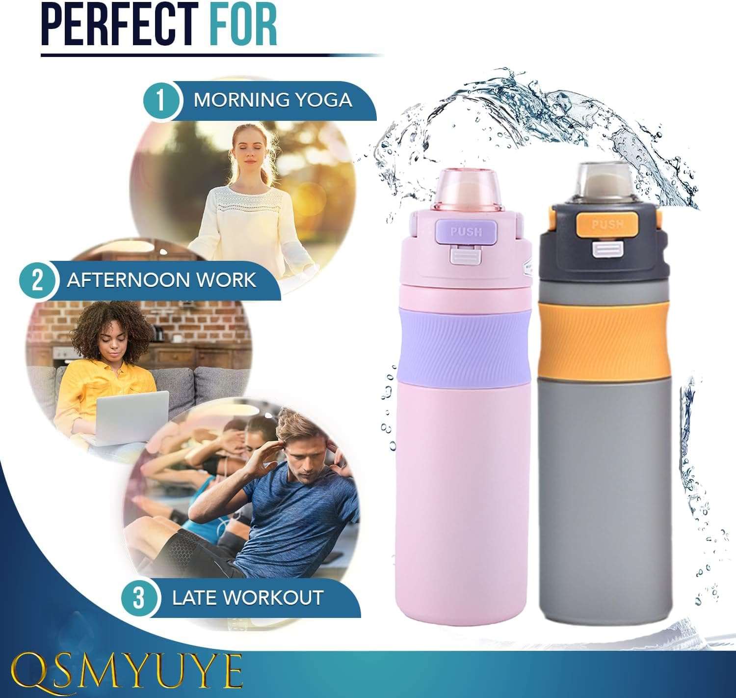 Owala water bottle in pink and gray, perfect for morning yoga, afternoon work, and late workouts