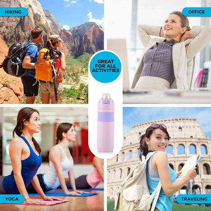 Owala water bottle in pastel pink, ideal for hiking, yoga, and office use, age 12+