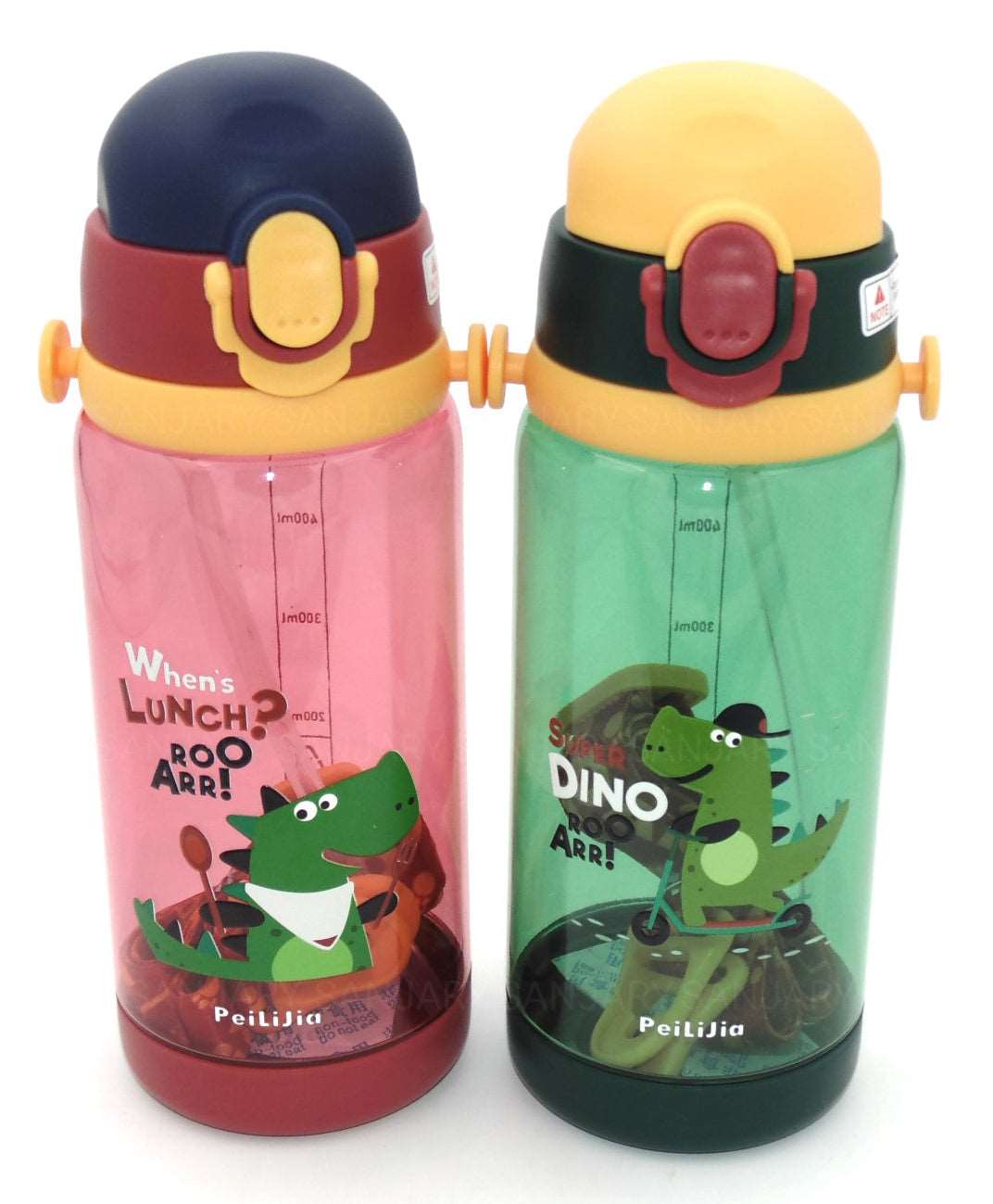 Colorful Owala water bottles for kids featuring dinosaur designs, great for school and outdoor activities