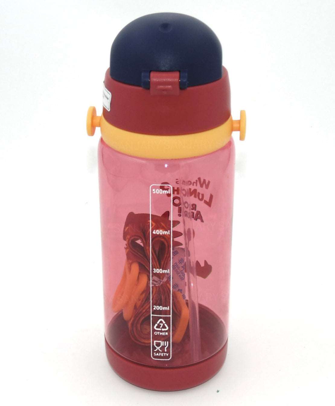 Red and yellow Owala water bottle with a capacity gauge, suitable for kids age 3 and up