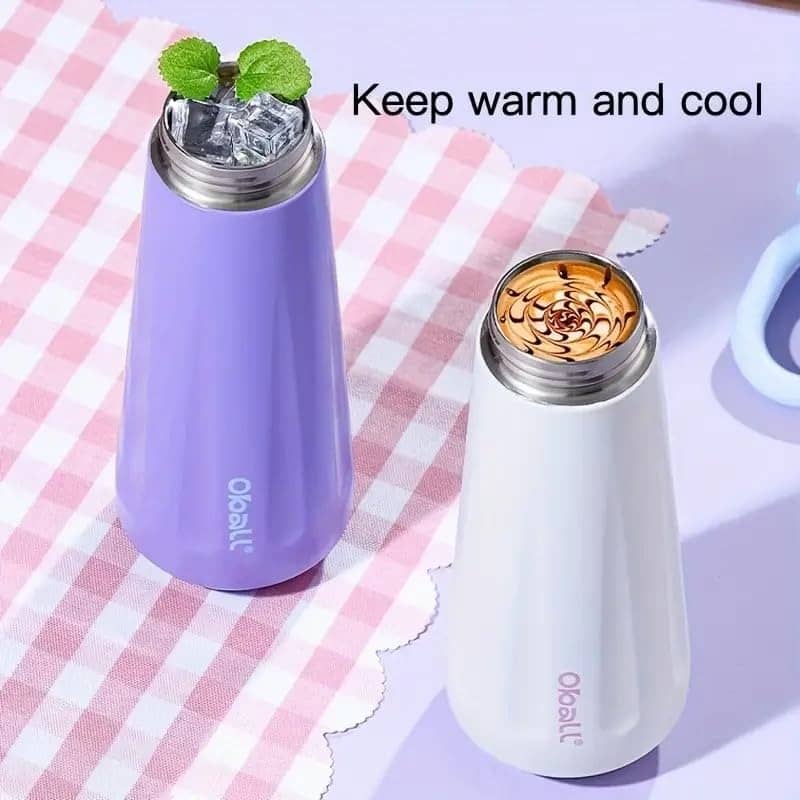 Owala water bottle in lavender and white, designed for keeping drinks warm and cool, ideal for all ages