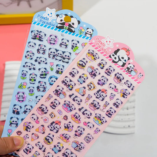 Cute stickers featuring colorful panda designs, perfect for kids ages 3 and up for decorating crafts