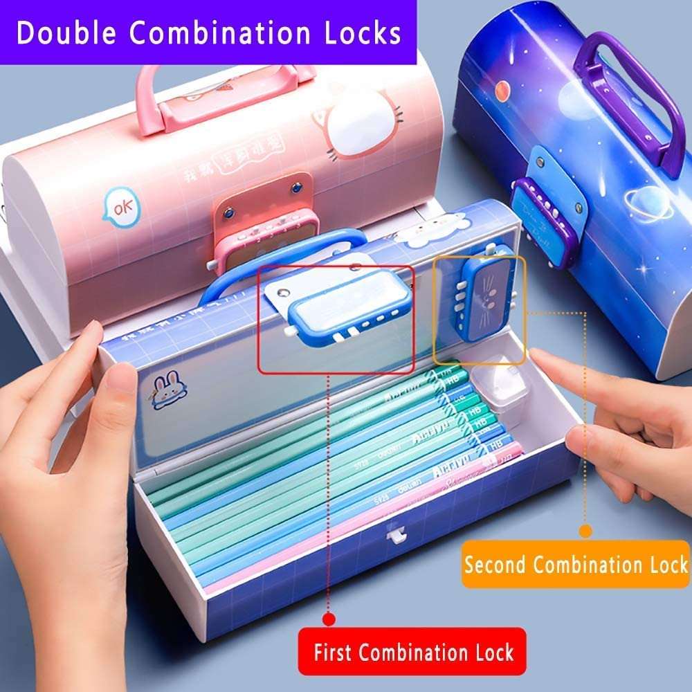 Password lock pencil case for kids featuring double combination locks and colorful design for secure storage