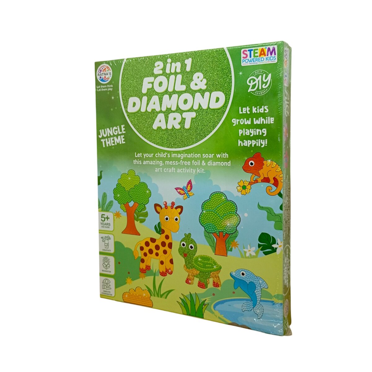 2-in-1 Foil and Diamond Art Jungle Theme for kids age 5+, creative activity set for imaginative play