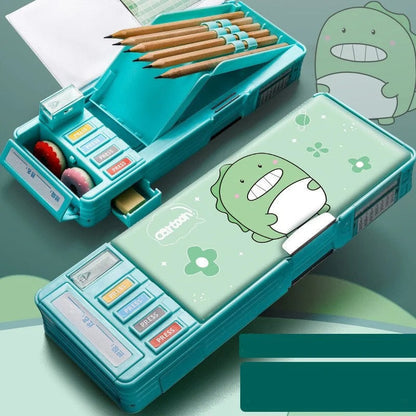 Teal pencil box pouches for kids featuring a cute dinosaur design, perfect for school and art supplies