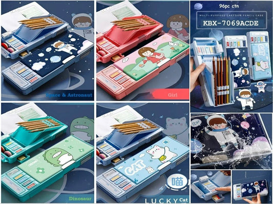 Colorful pencil box pouches for kids featuring astronaut, dinosaur, and cat designs, ideal for age 3 and up