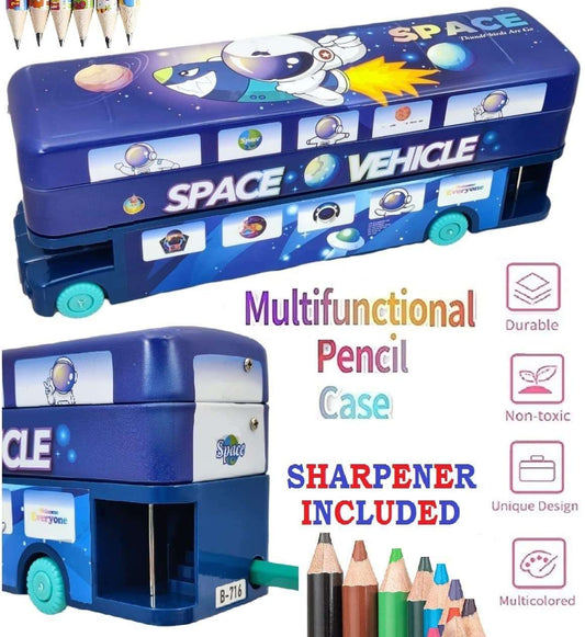 Multifunctional blue space vehicle pencil box pouches, ideal for kids 3+, includes sharpener and colorful design.