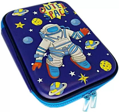Blue outer space pencil case featuring an astronaut design, suitable for kids age 3 and up.