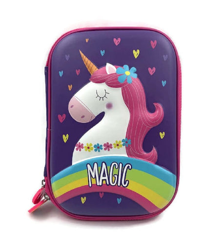 Purple unicorn pencil case with rainbow, ages 3+, perfect for holding school supplies and crafts