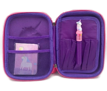 Purple unicorn pencil case for kids, age 3+, perfect for school supplies and organizing stationery