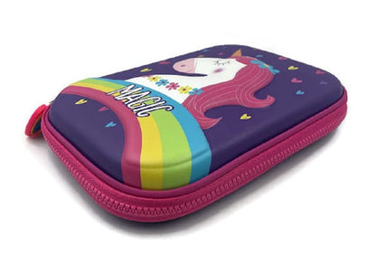 Purple unicorn pencil case with rainbow design, perfect for ages 3+, ideal for school and organizing stationery