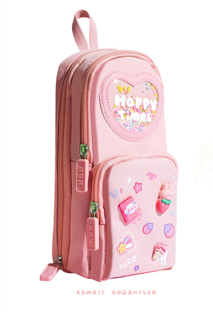Pink pencil case for kids featuring fun stickers, designed to hold pencils in a pencil case for easy organization
