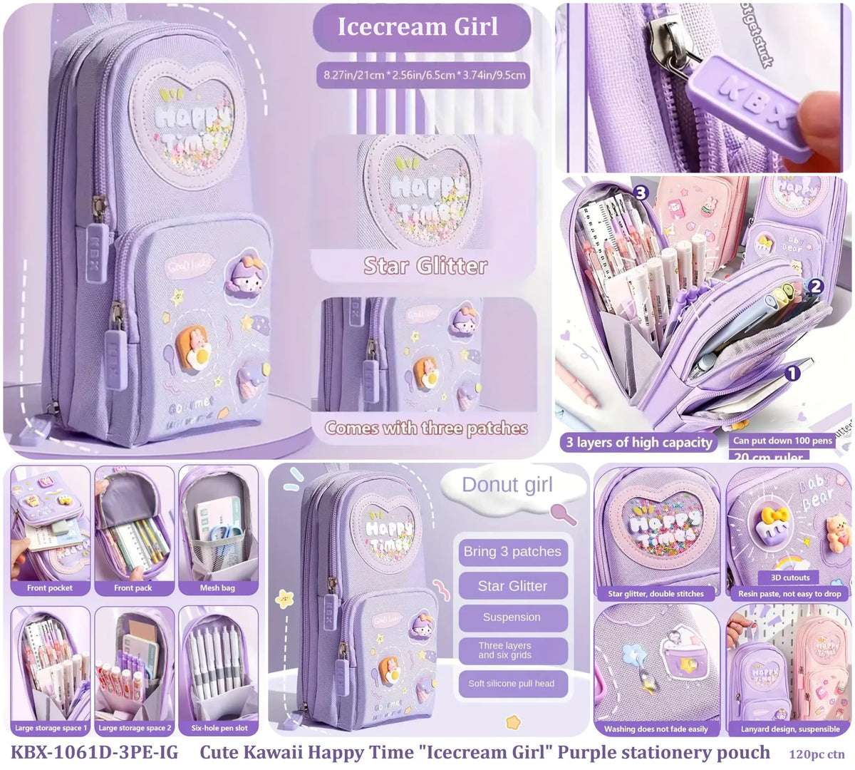 Purple NIYO TOYS Icecream Girl pencil case for kids with three patches, holds pencils in a pencil case
