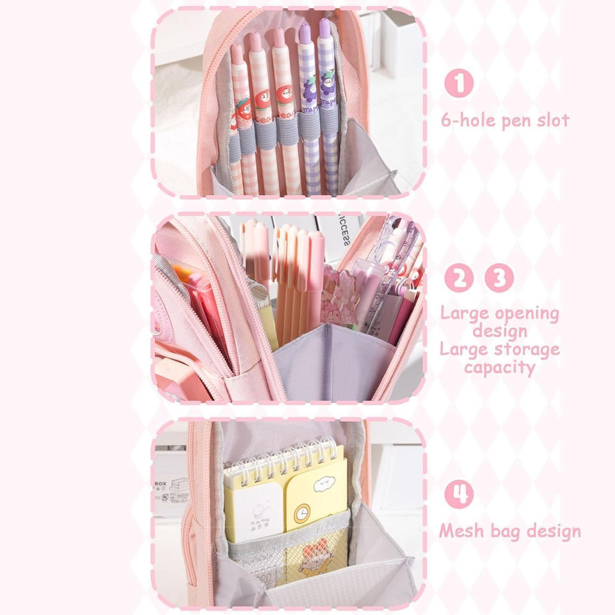 Pink pencil case for kids featuring a 6-hole pen slot and large storage for pencils in a pencil case