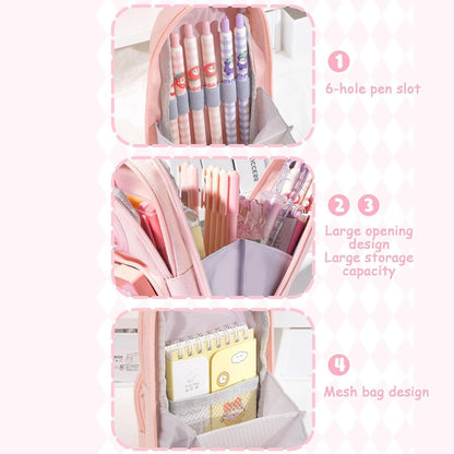Pink pencil case for kids featuring a 6-hole pen slot and large storage for pencils in a pencil case