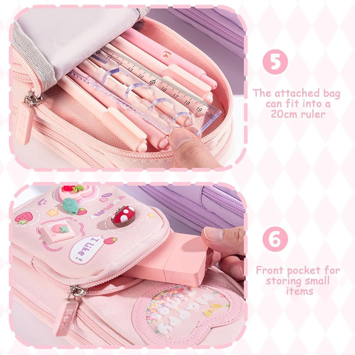 Pink NIYO TOYS pencil case for kids, featuring pencils in a pencil case and storage for small items