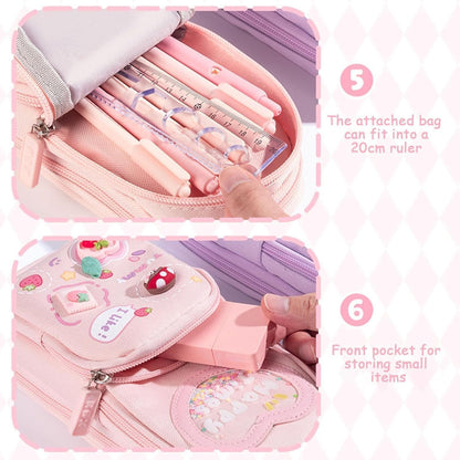 Pink NIYO TOYS pencil case for kids, featuring pencils in a pencil case and storage for small items