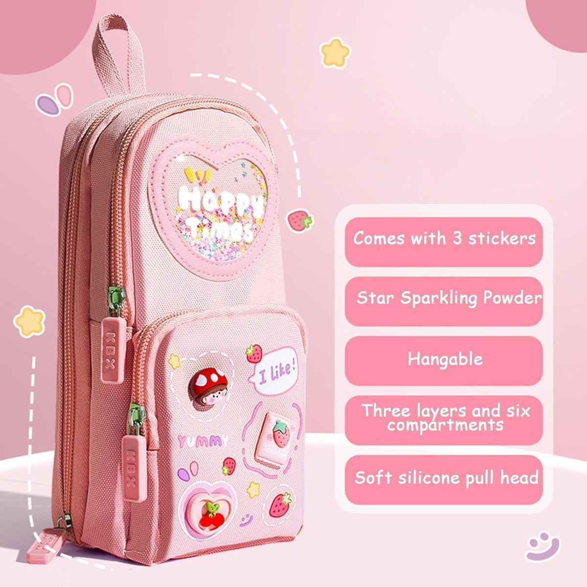 Pink NIYO TOYS pencil case for kids with stickers, holds pencils in a pencil case, age 3+, perfect for school use