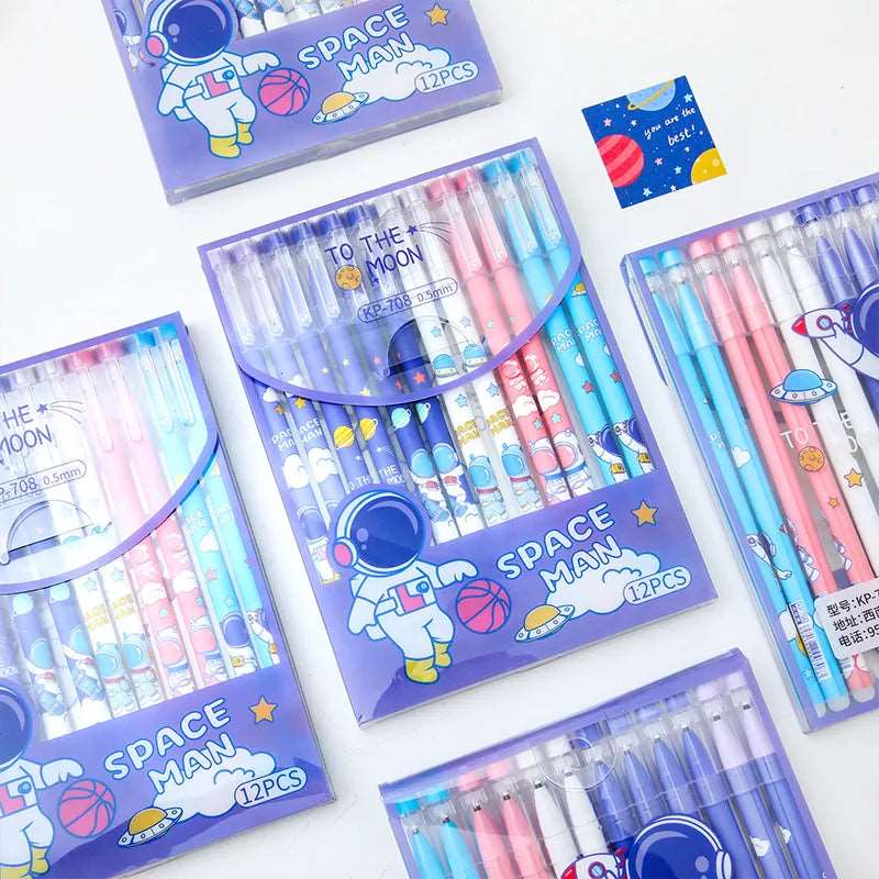 Colorful gel pens set with space theme, 12 pieces, ideal for kids age 5 and up, great for school projects