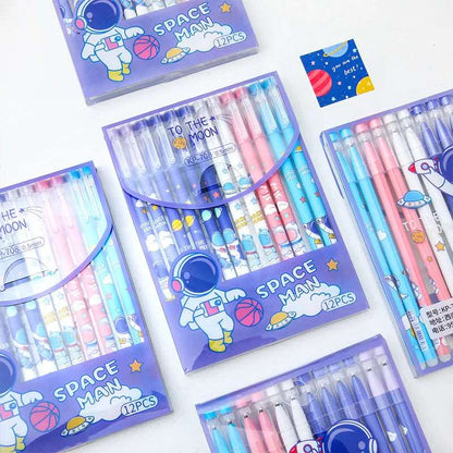 Colorful gel pens set with space theme, 12 pieces, ideal for kids age 5 and up, great for school projects