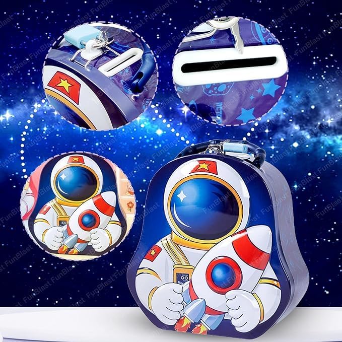 NIYO TOYS astronaut piggy bank in blue, designed for ages 3+, perfect for saving money in style