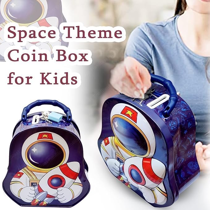 Space-themed piggy bank for kids featuring an astronaut design, perfect for saving coins and money