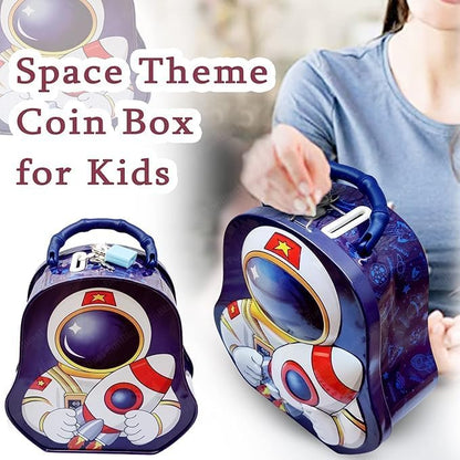 Space-themed piggy bank for kids featuring an astronaut design, perfect for saving coins and money