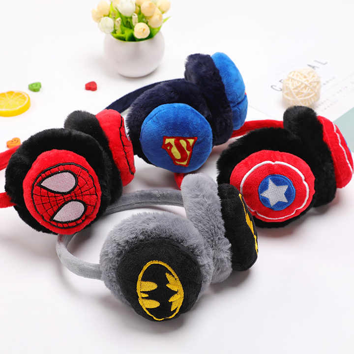 Colorful plush earmuffs featuring superhero designs, ideal for kids aged 3 and up, perfect for winter warmth