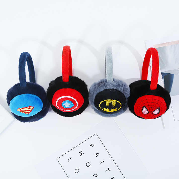 Colorful plush earmuffs featuring superhero designs, age 3+, perfect for winter warmth