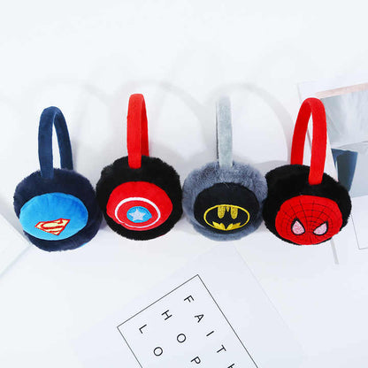 Colorful plush earmuffs featuring superhero designs, age 3+, perfect for winter warmth