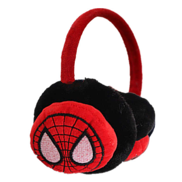 Spider-Man themed plush earmuffs in red and black for kids, perfect for winter wear and superhero fans