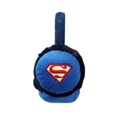 Superman themed blue plush earmuffs for kids, perfect for keeping ears warm in winter