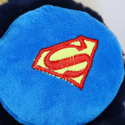 Superman-themed plush earmuffs in blue, perfect for kids ages 3 and up, ideal for winter warmth