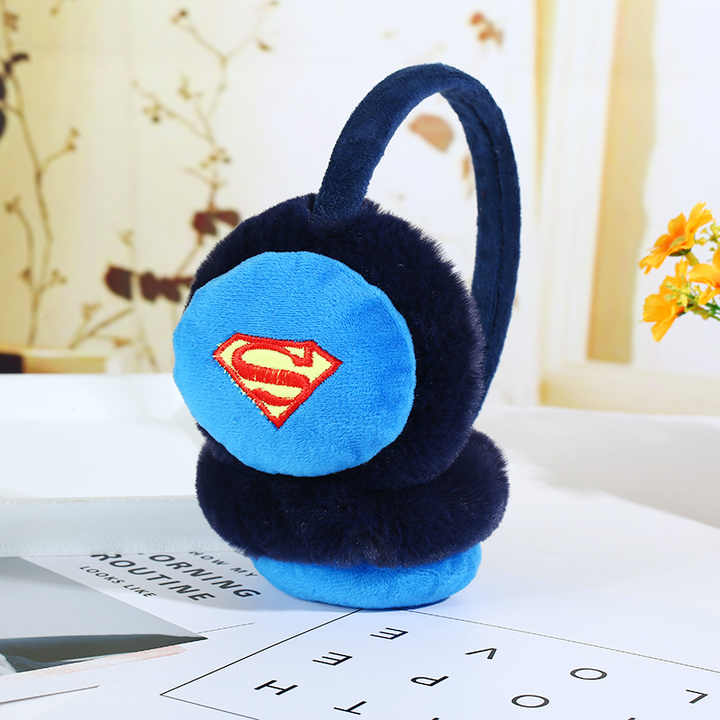 Blue plush earmuffs featuring Superman logo, cozy for kids aged 3+, perfect for winter wear