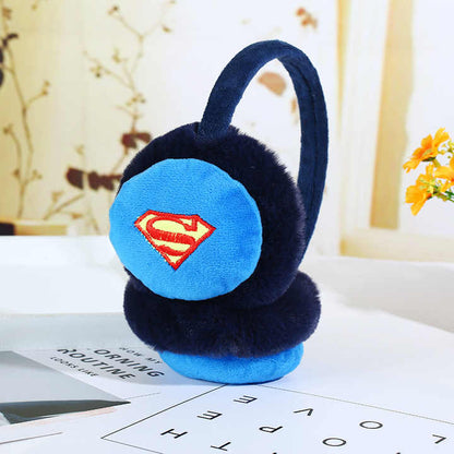 Blue plush earmuffs featuring Superman logo, cozy for kids aged 3+, perfect for winter wear