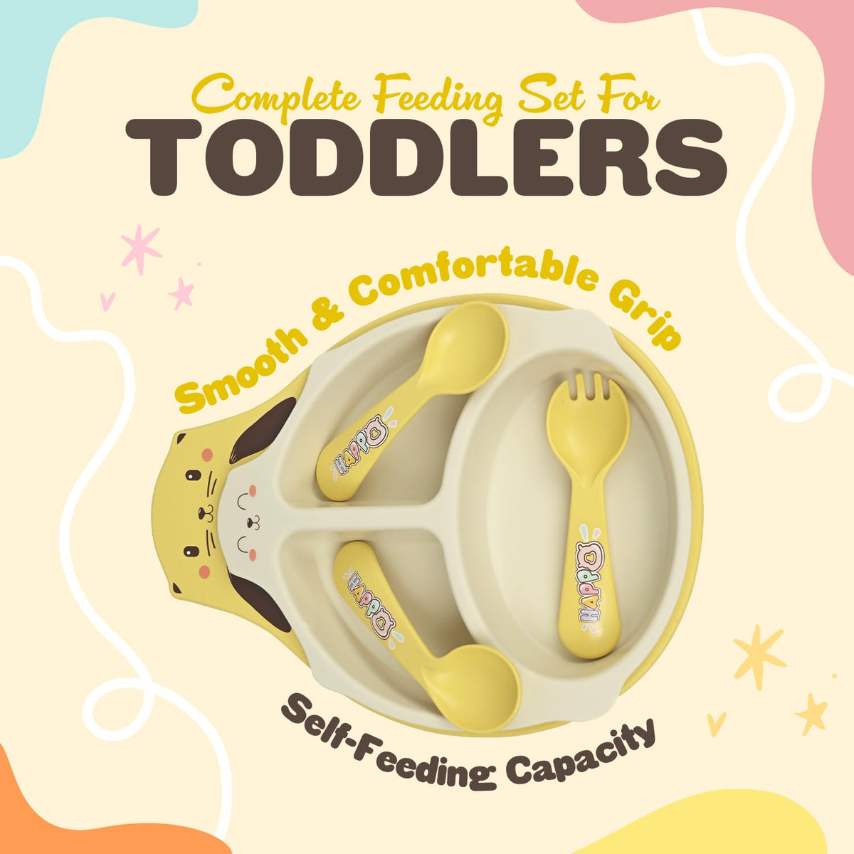 NIYO TOYS complete toddler feeding set with cute design, smooth grip, and self-feeding capacity for young children