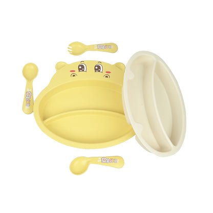 Yellow hippo-shaped porcelain tableware set for toddlers with spoon and fork, ideal for ages 3 and up