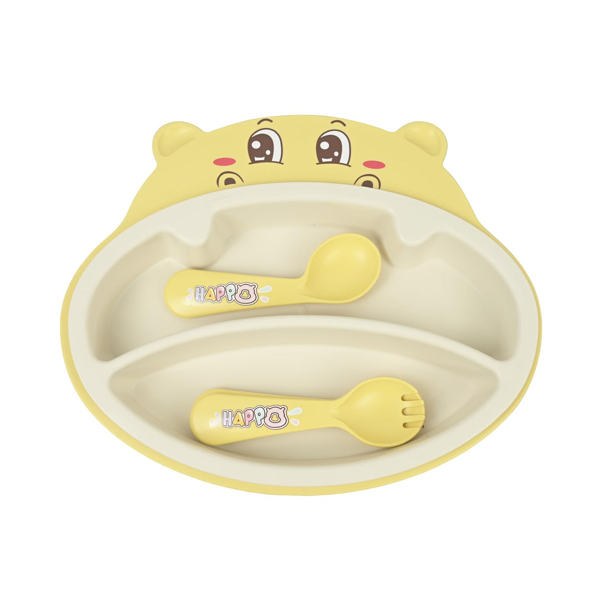 NIYO TOYS yellow hippo-shaped feeding set with plate and utensils, perfect for children age 6 months and up