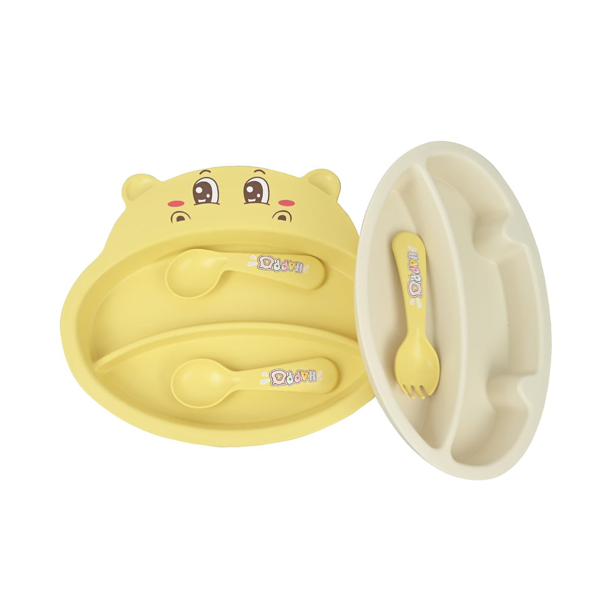 Yellow bear-shaped baby feeding set with spoons, ideal for toddlers using porcelain tableware set
