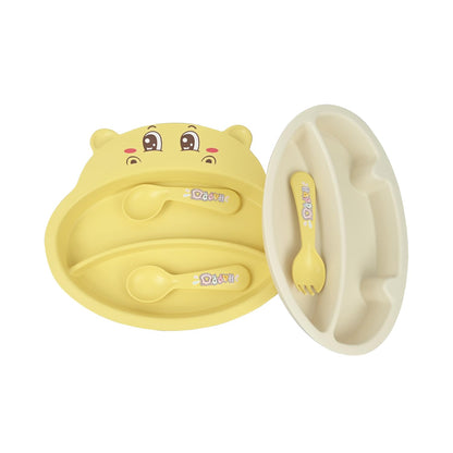 Yellow bear-shaped baby feeding set with spoons, ideal for toddlers using porcelain tableware set