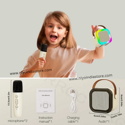 Child holding a portable wireless speaker with Bluetooth, designed for ages 3+, perfect for music and fun