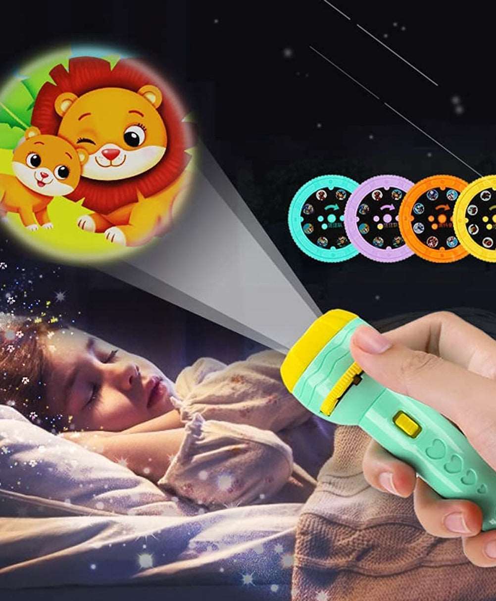 Colorful projector flashlight for kids, featuring lion images, perfect for ages 3 and up, bedtime stories