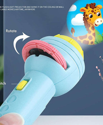 Blue projector flashlight for kids, age 3+, projects fun animal images on walls and ceilings