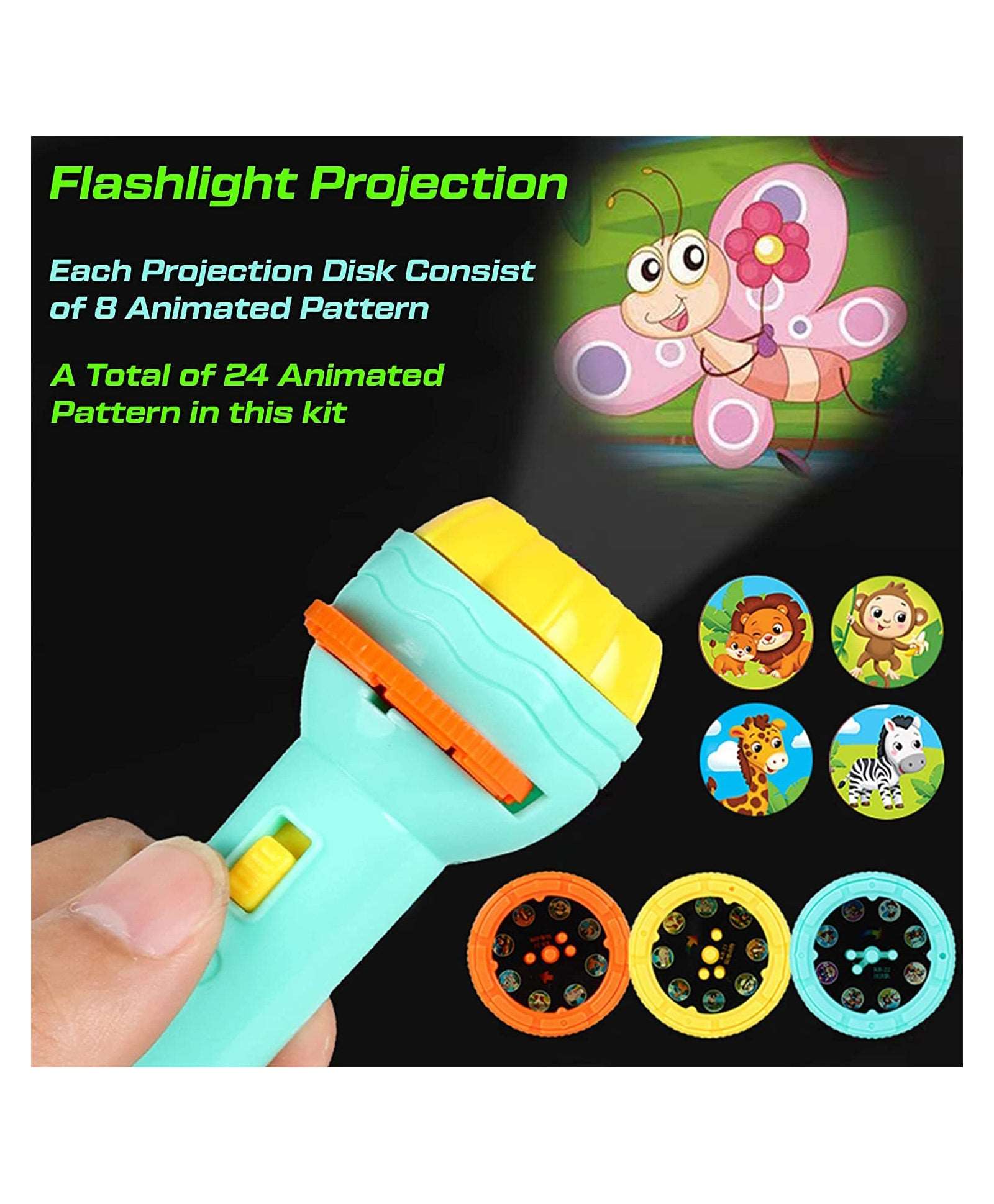 NIYO TOYS projector flashlight in teal with 24 animated patterns, suitable for ages 3 and up, ideal for fun storytelling