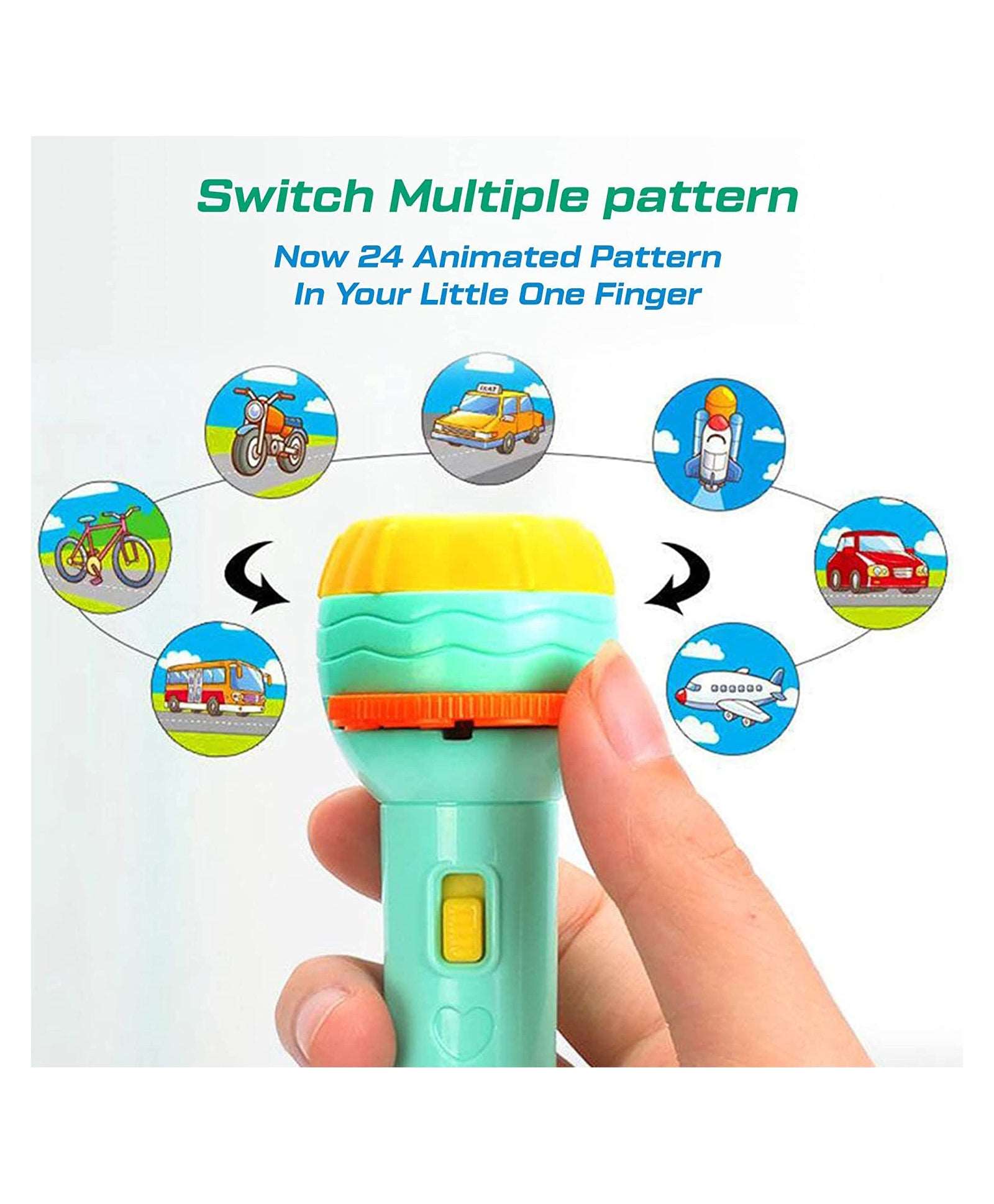 NIYO TOYS projector flashlight in mint green, featuring 24 animated patterns for children age 3+