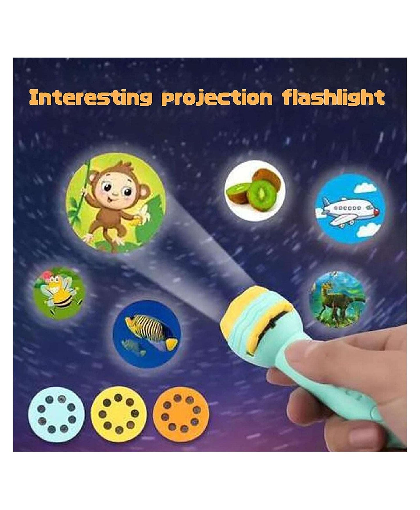 Colorful NIYO TOYS projector flashlight for kids with fun animal projections, age 3+, ideal for bedtime storytelling