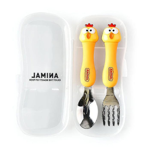 NIYO TOYS feeding set with yellow chicken-themed handles fork and spoon in white storage case