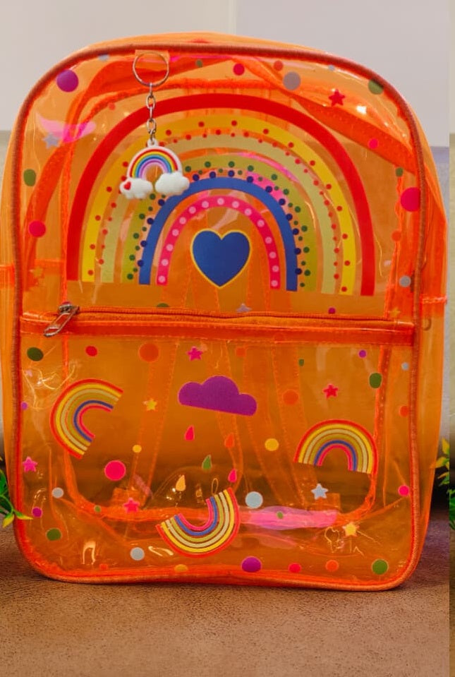 NIYO TOYS Rainbow Print Clear Backpack in Bright Orange with Colorful Stickers and Charm